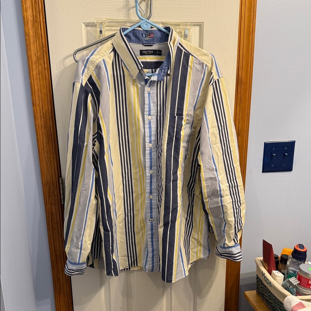 Nautica Men's Yellow and Blue Striped Shirt